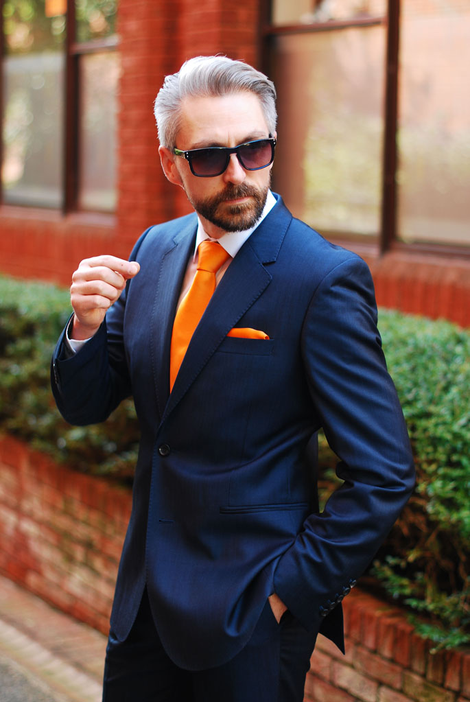 Blue Reiss Suit, Orange Tie And Matching Pocket Square | Silver Londoner -  Over 40 Menswear